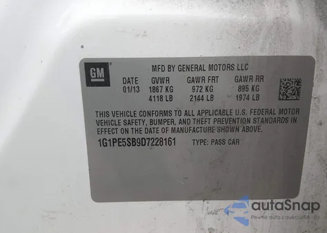 2013 Chevrolet Cruze 2Lt Auto z USA, uszkodzony, nr VIN 1G1PE5SB9D7228161